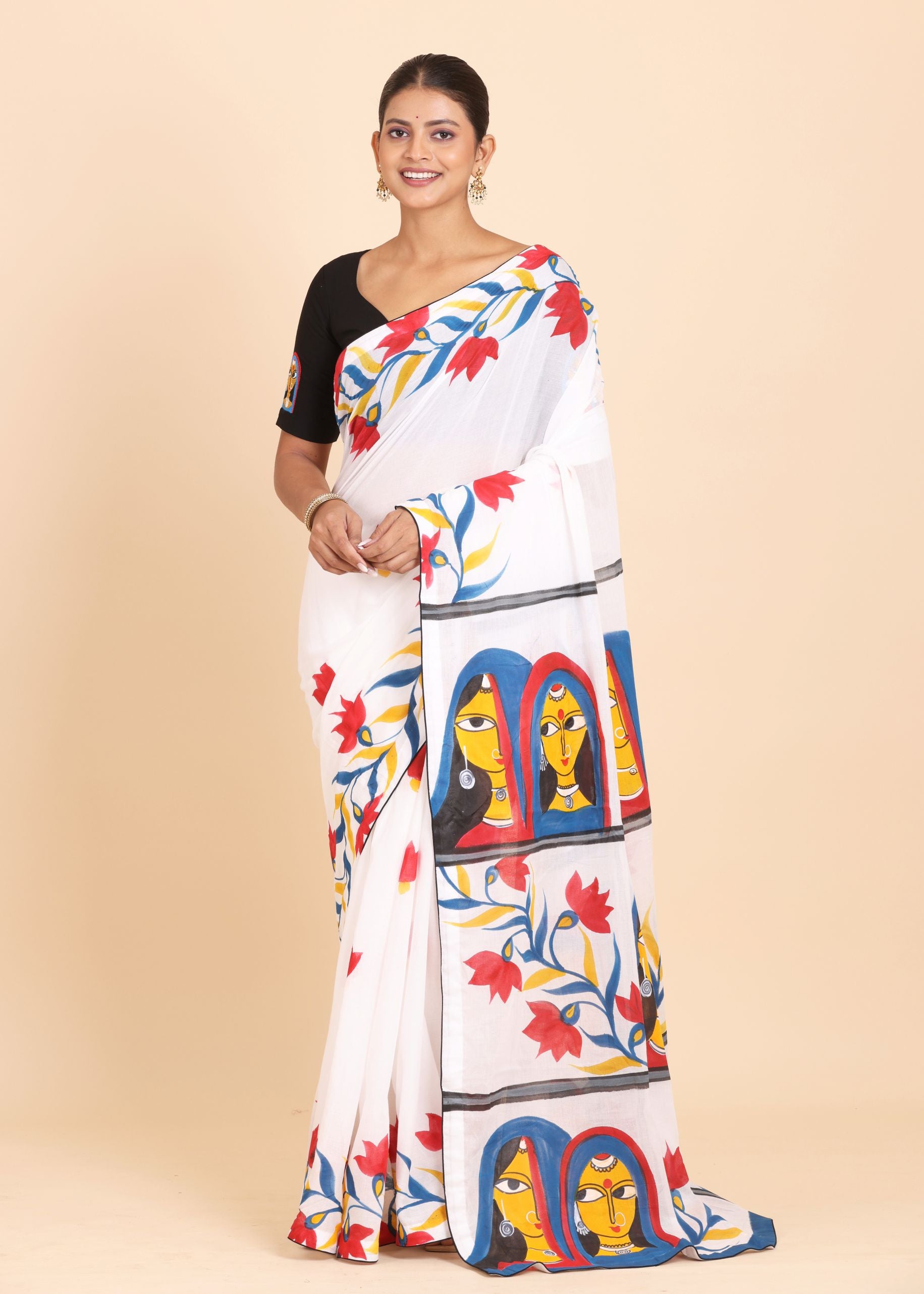 White Cotton Saree With Floral Hand Painted Saree Full