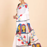 White Cotton Saree With Floral Hand Painted Saree Side