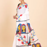 White Cotton Saree With Floral Hand Painted Saree Side