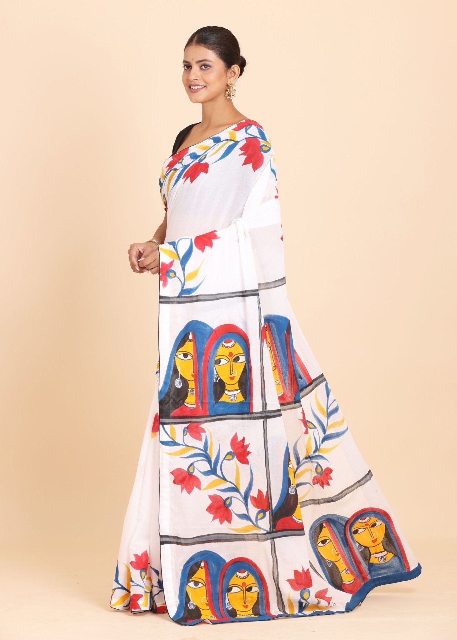 White Cotton Saree With Floral Hand Painted Saree - Anvi Couture