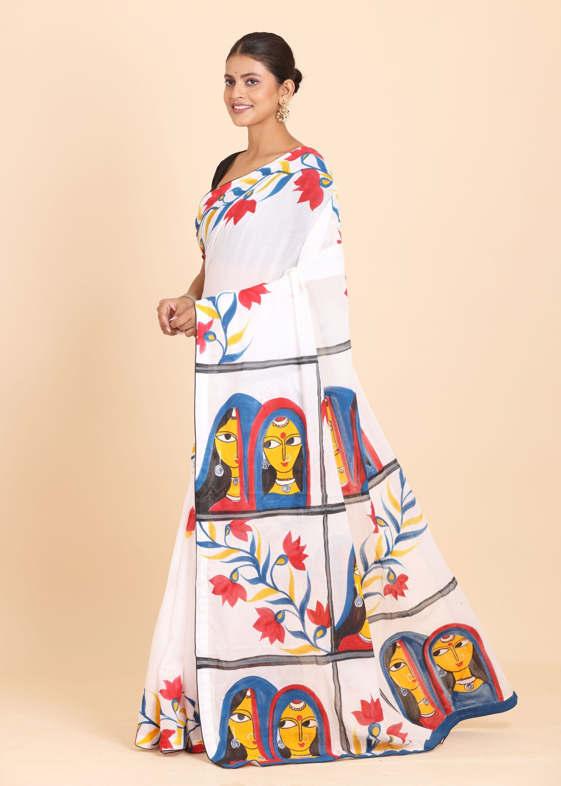 White Cotton Saree With Floral Hand Painted Saree Side