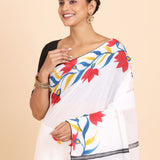 White Cotton Saree With Floral Hand Painted Saree Close Up