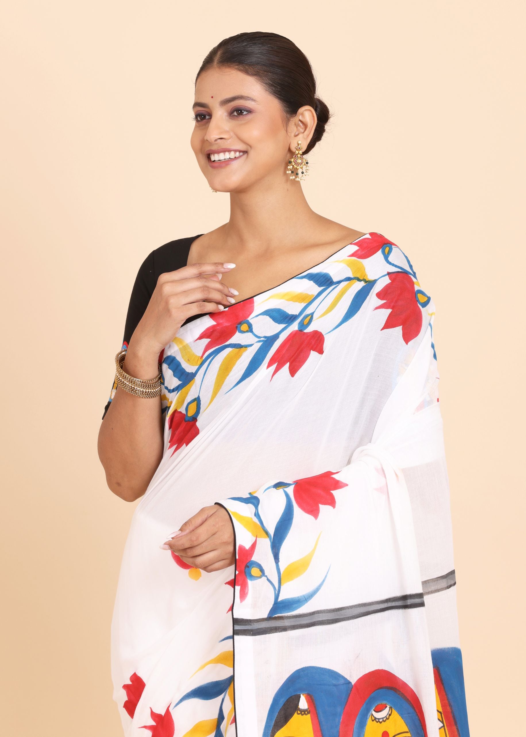 White Cotton Saree With Floral Hand Painted Saree Close Up