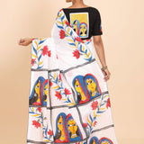 White Cotton Saree With Floral Hand Painted Saree Back