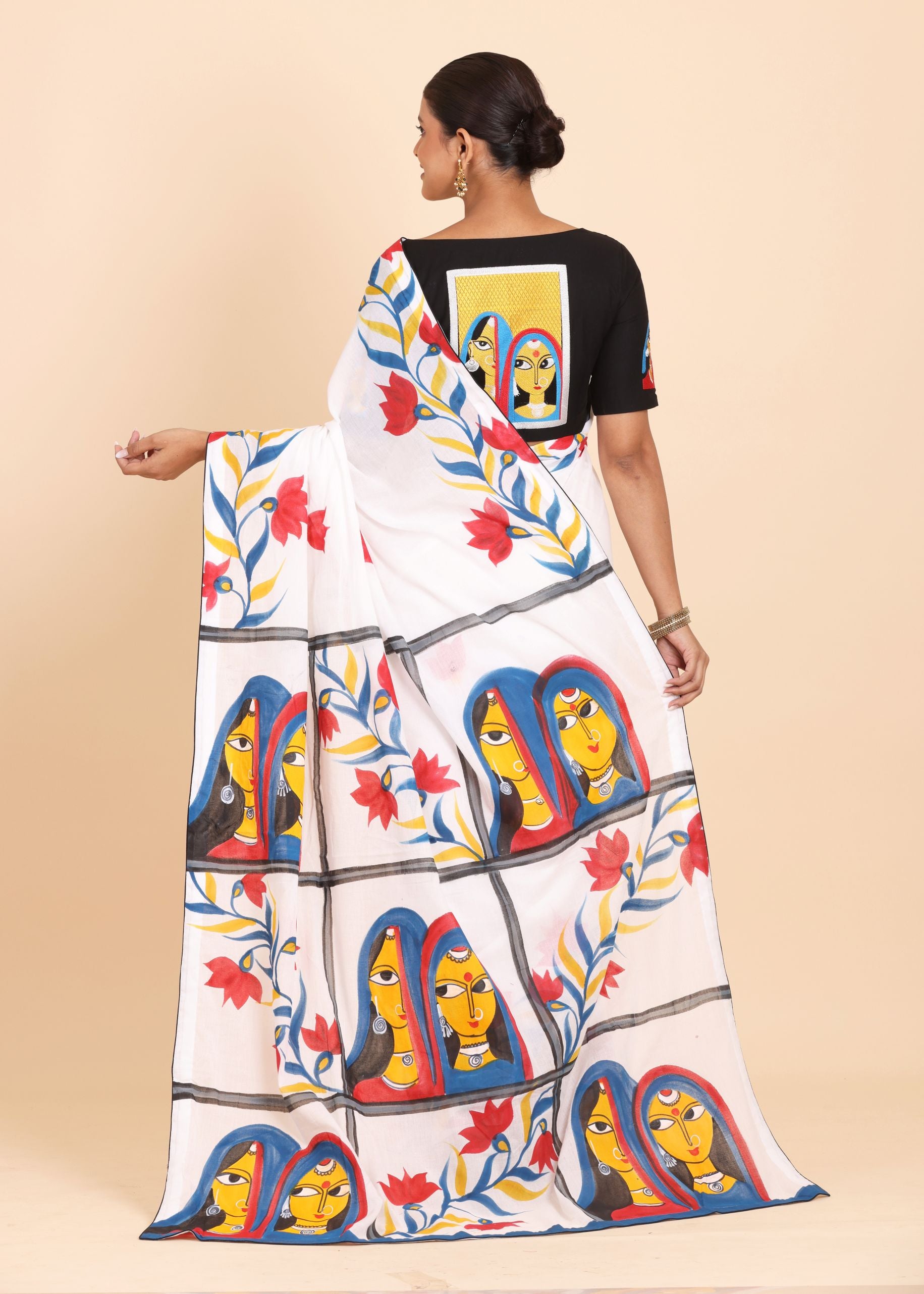 White Cotton Saree With Floral Hand Painted Saree Back
