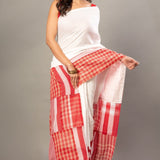 White Cotton Saree With Red Gamcha Patchworks in Border and Pallu - Anvi Couture