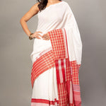 White Cotton Saree With Red Gamcha Patchworks in Border and Pallu - Anvi Couture