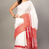 White Cotton Saree With Red Gamcha Patchworks in Border and Pallu - Anvi Couture