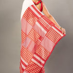 White Cotton Saree With Red Gamcha Patchworks in Border and Pallu - Anvi Couture
