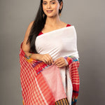 White Cotton Saree With Red Multicolor Gamcha Checks - Anvi Couture - Front 3