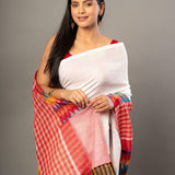 White Cotton Saree With Red Multicolor Gamcha Checks - Anvi Couture - Front 3