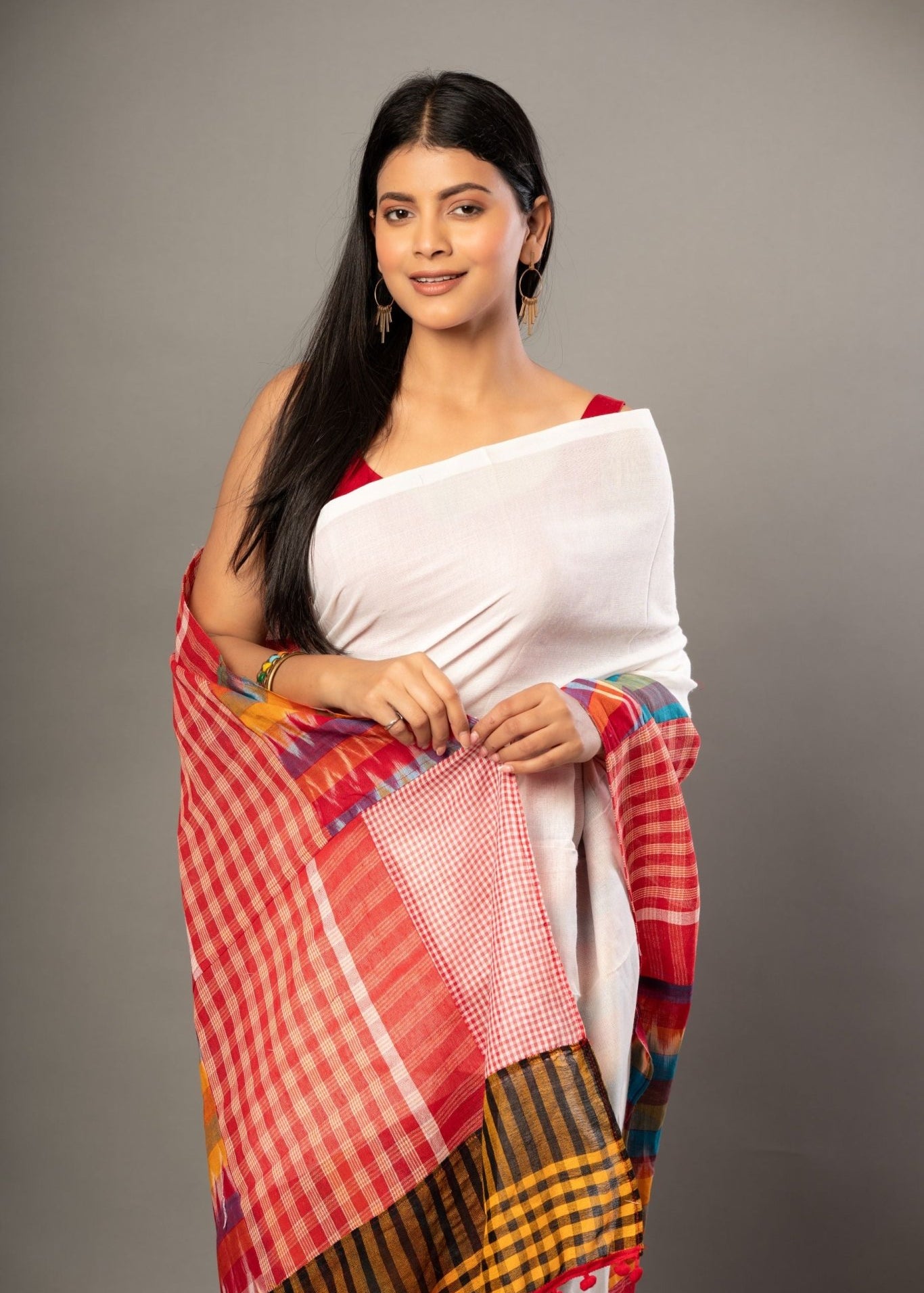 White Cotton Saree With Red Multicolor Gamcha Checks - Anvi Couture - Front 3