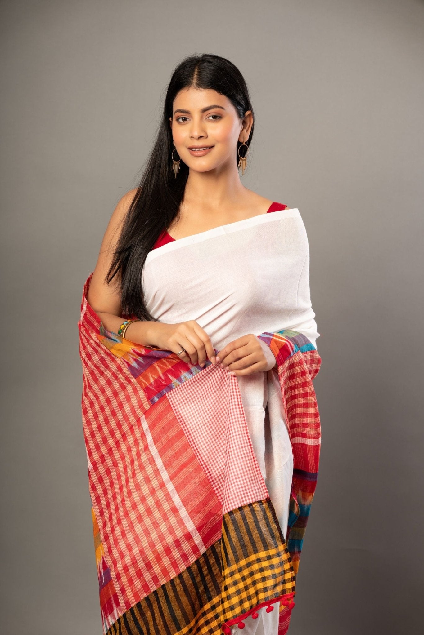 White Cotton Saree With Red Multicolor Gamcha Checks - Anvi Couture - Front 3