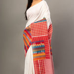 White Cotton Saree With Red Multicolor Gamcha Checks - Anvi Couture - Front 2