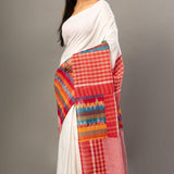 White Cotton Saree With Red Multicolor Gamcha Checks - Anvi Couture - Front 2