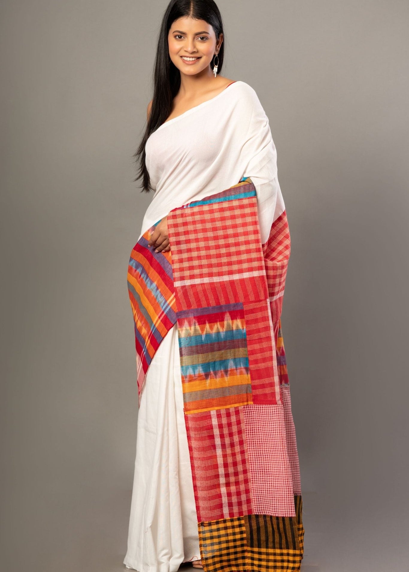 White Cotton Saree With Red Multicolor Gamcha Checks - Anvi Couture - Front 2