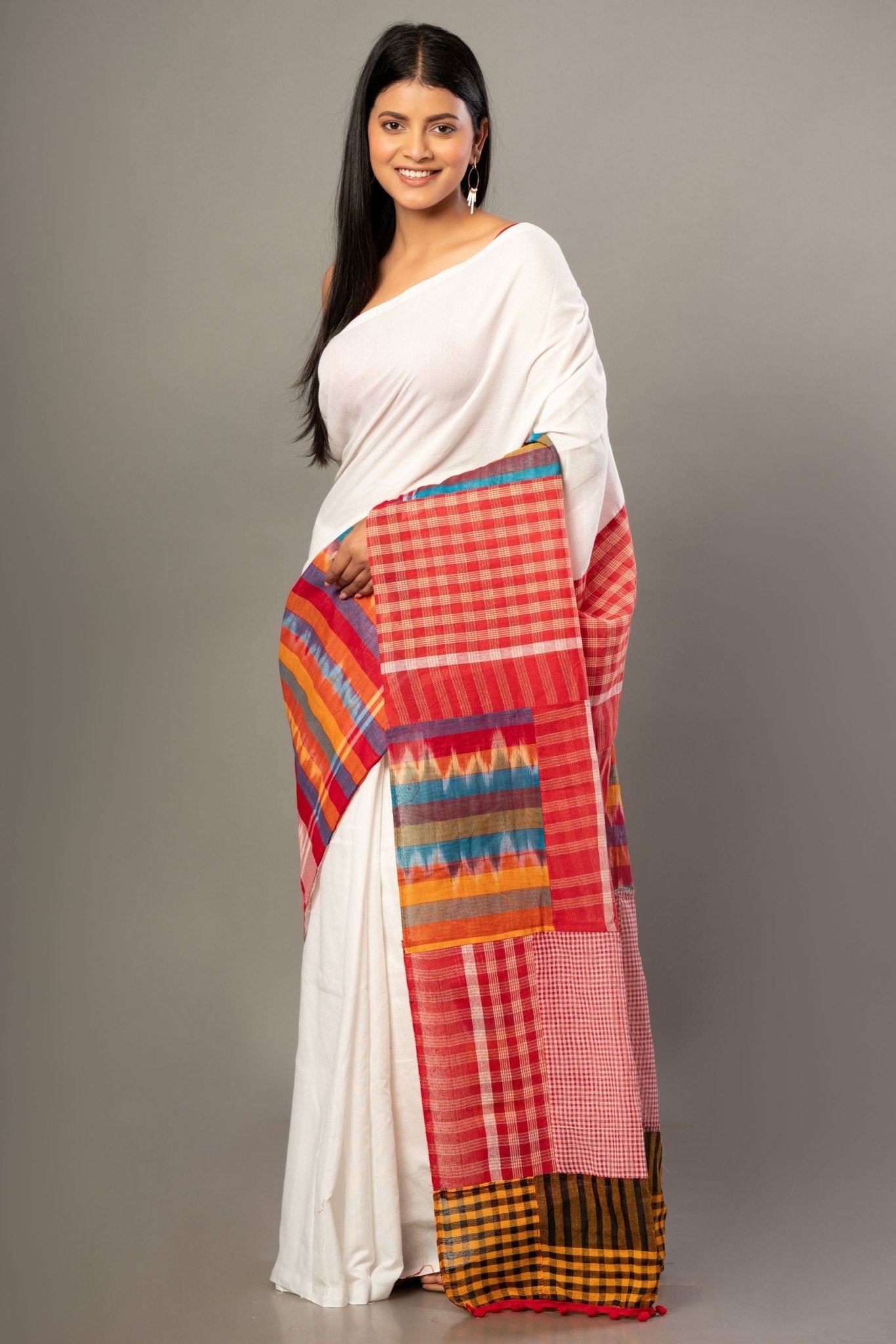 White Cotton Saree With Red Multicolor Gamcha Checks - Anvi Couture - Front 2