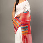 White Cotton Saree With Red Multicolor Gamcha Checks - Anvi Couture - Front 1