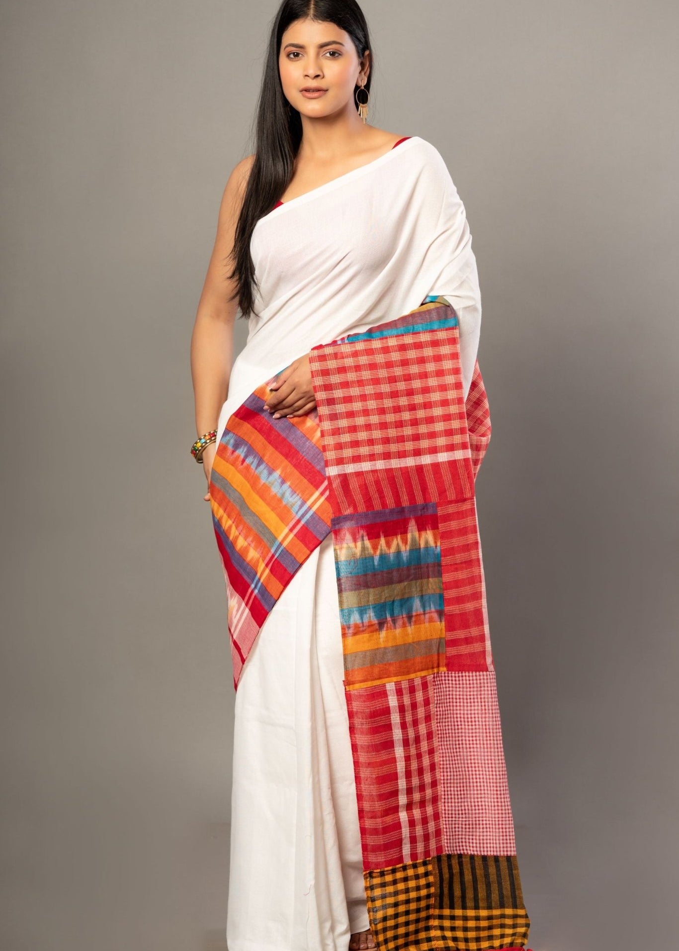 White Cotton Saree With Red Multicolor Gamcha Checks - Anvi Couture - Front 1