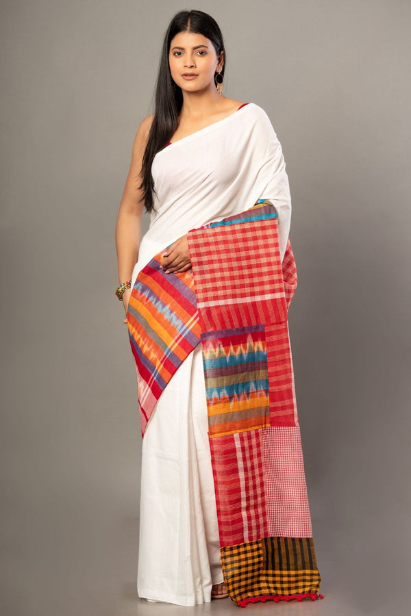 White Cotton Saree With Red Multicolor Gamcha Checks - Anvi Couture - Front 1