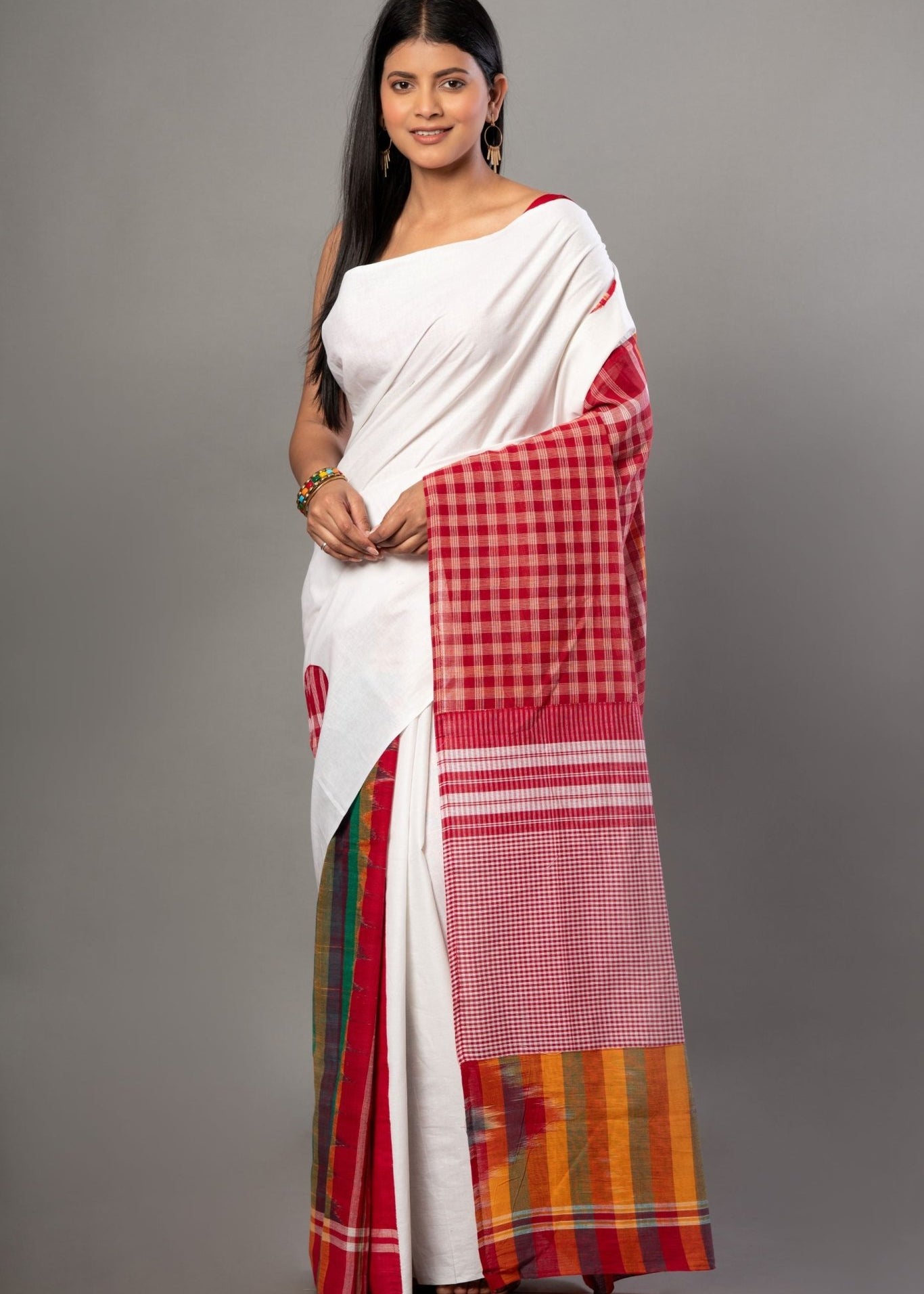 White Cotton Saree With Red Multicolor Gamcha Checks - Anvi Couture