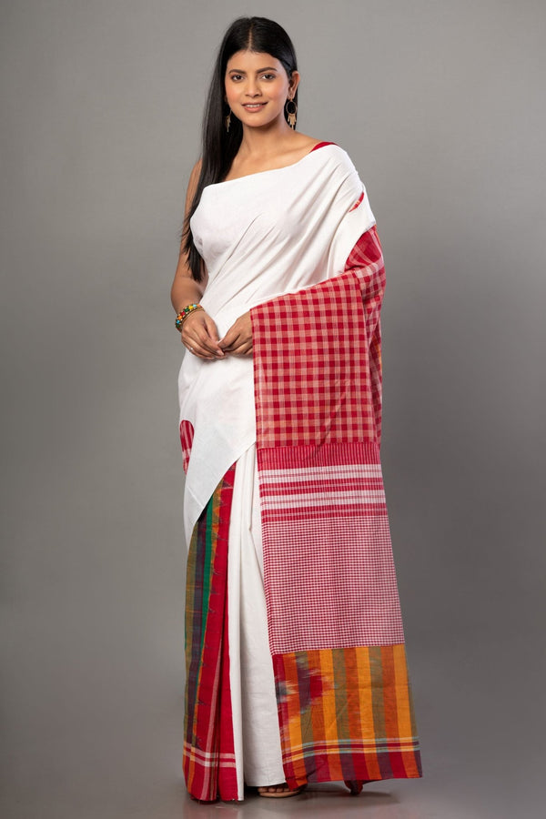 White Cotton Saree With Red Multicolor Gamcha Checks - Anvi Couture