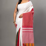 White Cotton Saree With Red Multicolor Gamcha Checks - Anvi Couture