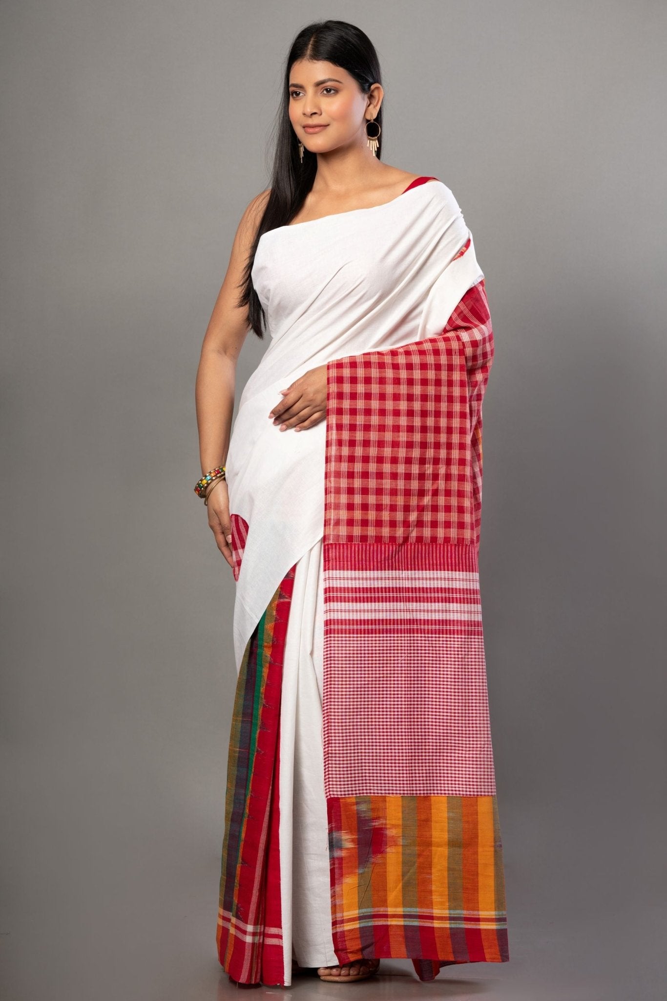 White Cotton Saree With Red Multicolor Gamcha Checks - Anvi Couture