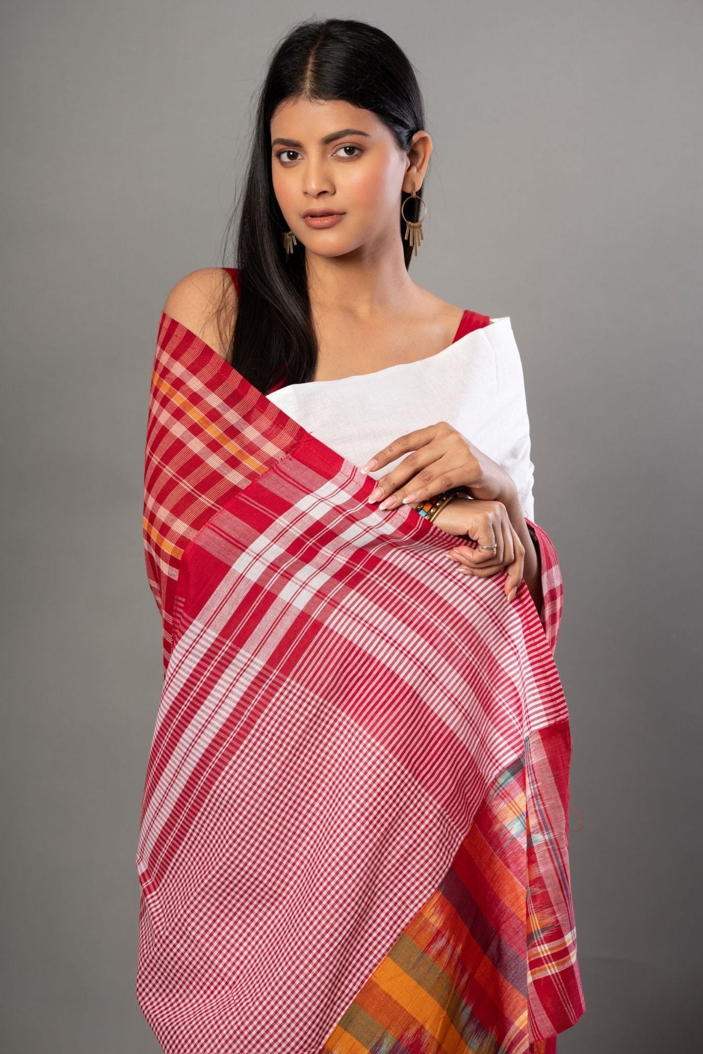 White Cotton Saree With Red Multicolor Gamcha Checks - Anvi Couture