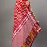 White Cotton Saree With Red Multicolor Gamcha Checks - Anvi Couture