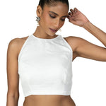 White Cotton Silk Sleeveless Saree Blouse with Close Neckline – Anvi Couture