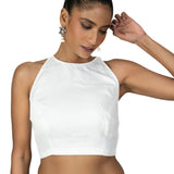 White Cotton Silk Sleeveless Saree Blouse with Close Neckline – Anvi Couture