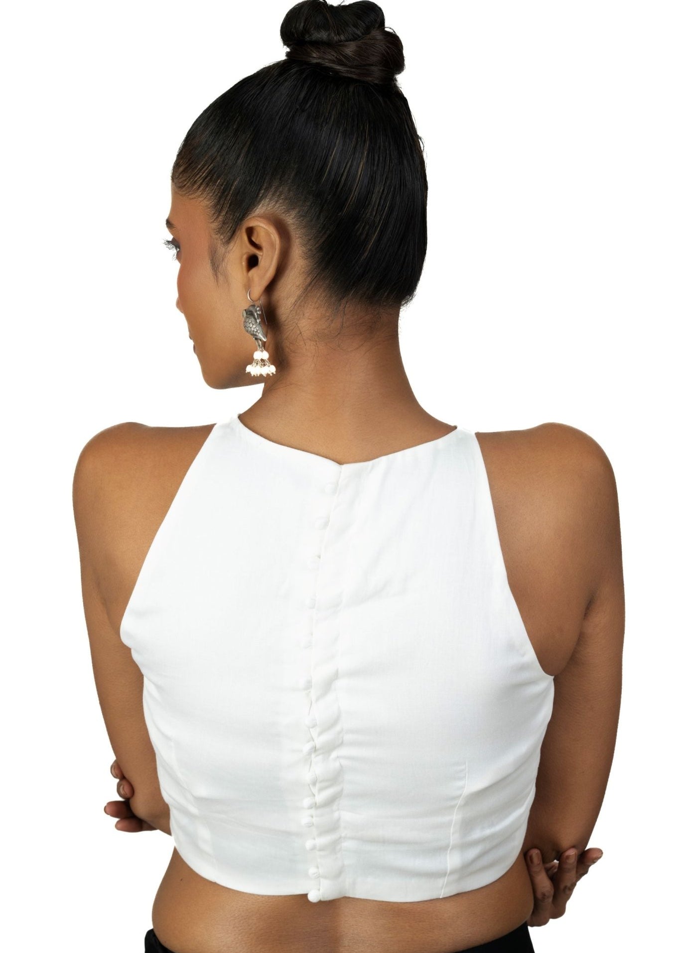White Raw Silk Sleeveless Saree Blouse with Close Neckline - Anvi Couture