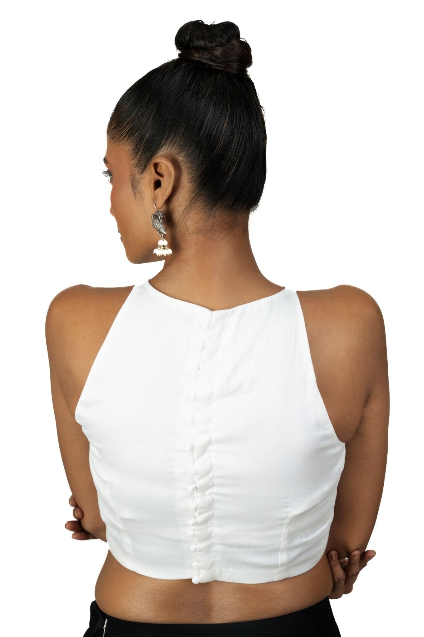 White Raw Silk Sleeveless Saree Blouse with Close Neckline - Anvi Couture