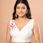 White Cotton Silk V Neck Blouse with Pink Floral Embroidered Work - Anvi Couture