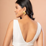 White Cotton Silk V Neck Blouse with Pink Floral Embroidered Work - Anvi Couture