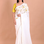 White Crepe Silk Hand Embroidered Floral Saree With Lace and Cutdana full