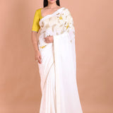White Crepe Silk Hand Embroidered Floral Saree With Lace and Cutdana full
