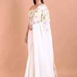 White Crepe Silk Hand Embroidered Floral Saree With Lace and Cutdana front
