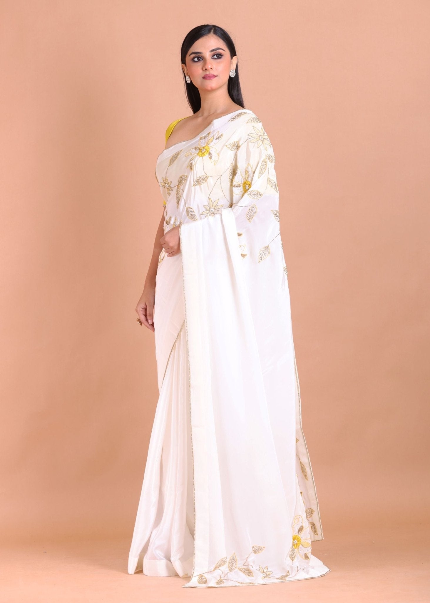 White Crepe Silk Hand Embroidered Floral Saree With Lace and Cutdana - Anvi Couture