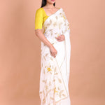 White Crepe Silk Hand Embroidered Floral Saree With Lace and Cutdana side