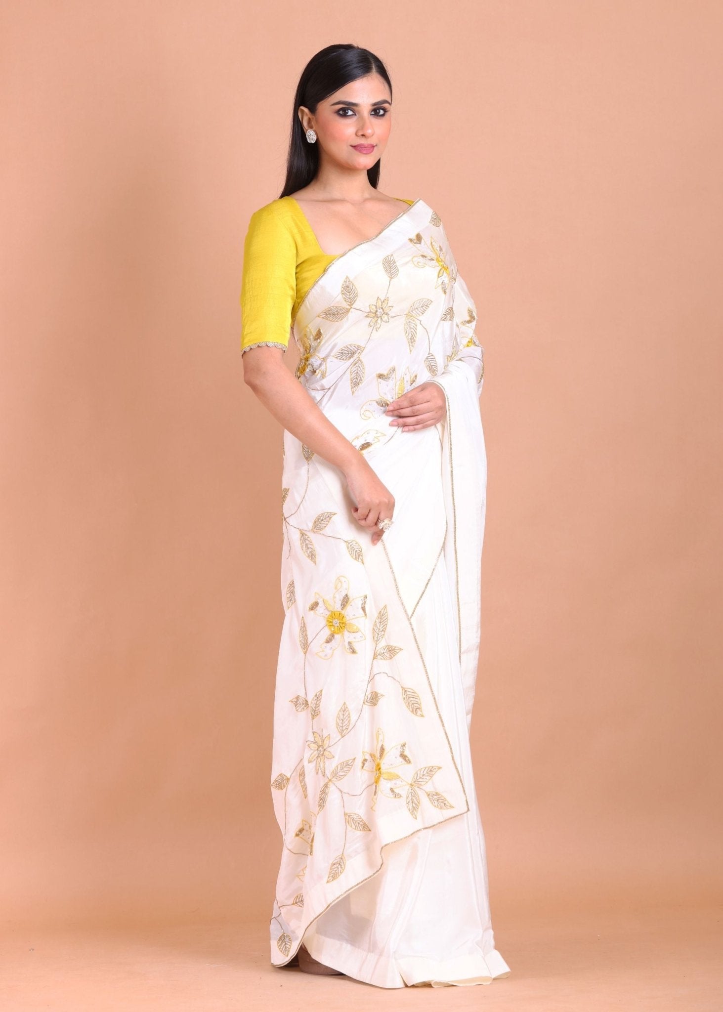 White Crepe Silk Hand Embroidered Floral Saree With Lace and Cutdana - Anvi Couture