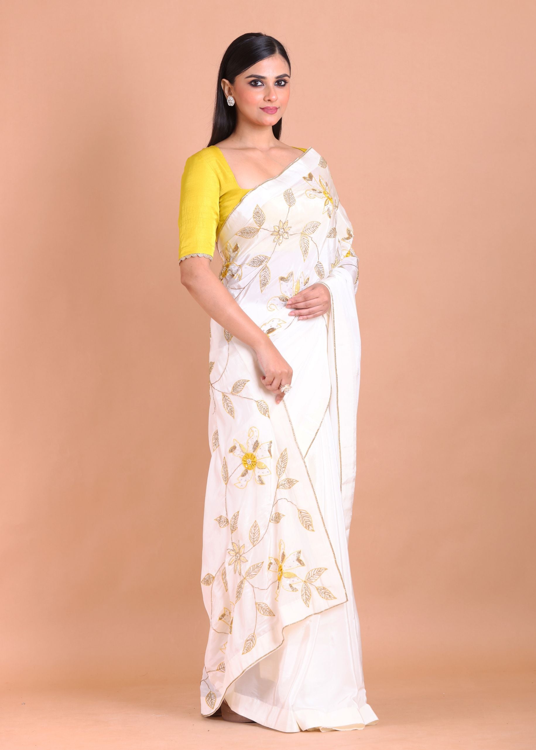 White Crepe Silk Hand Embroidered Floral Saree With Lace and Cutdana side