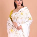 White Crepe Silk Hand Embroidered Floral Saree With Lace and Cutdana close up