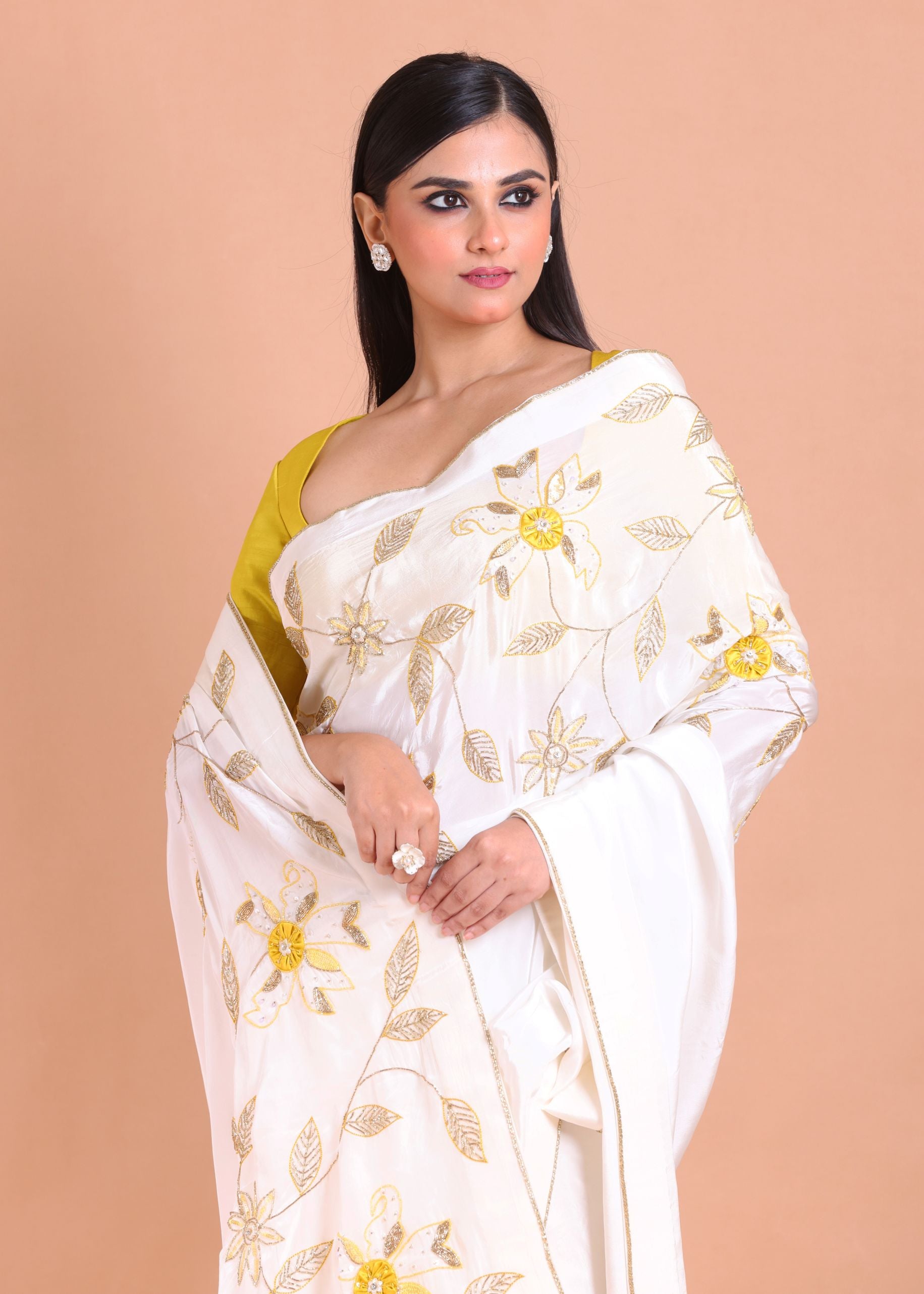 White Crepe Silk Hand Embroidered Floral Saree With Lace and Cutdana close up