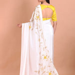 White Crepe Silk Hand Embroidered Floral Saree With Lace and Cutdana back