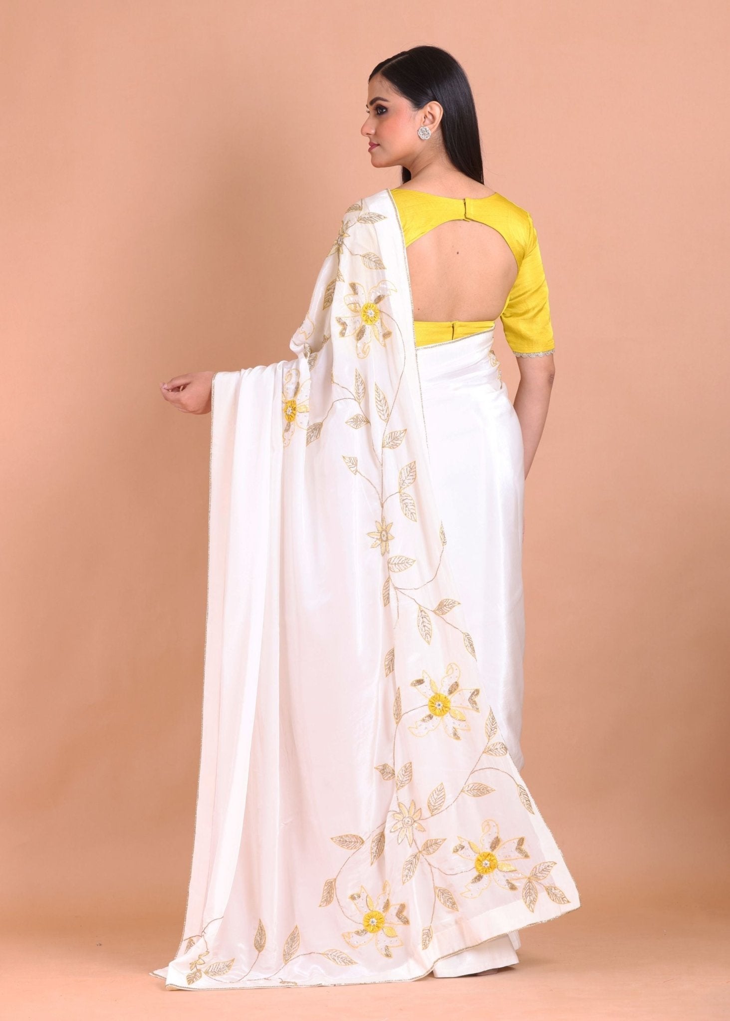 White Crepe Silk Hand Embroidered Floral Saree With Lace and Cutdana - Anvi Couture