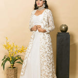 White Designer Dress with Golden Embroidered Jacket - Anvi Couture 