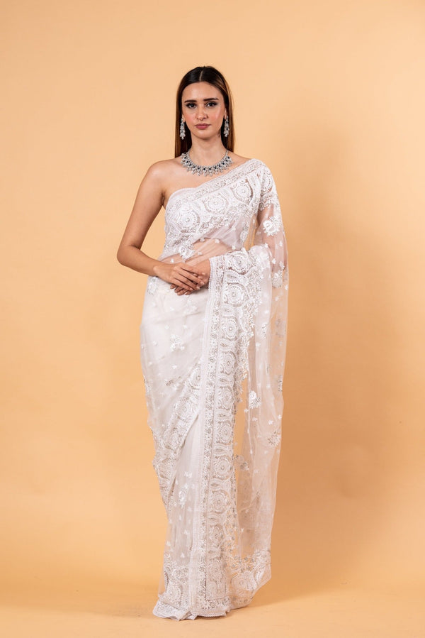 White Designer Net Saree with All over Embroidered Work