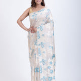 White Dhakai Jamdani Saree with Blue and White Floral Motifs Full
